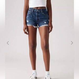 Levi’s Denim High-Rise Frayed Hem Shorts - medium blue